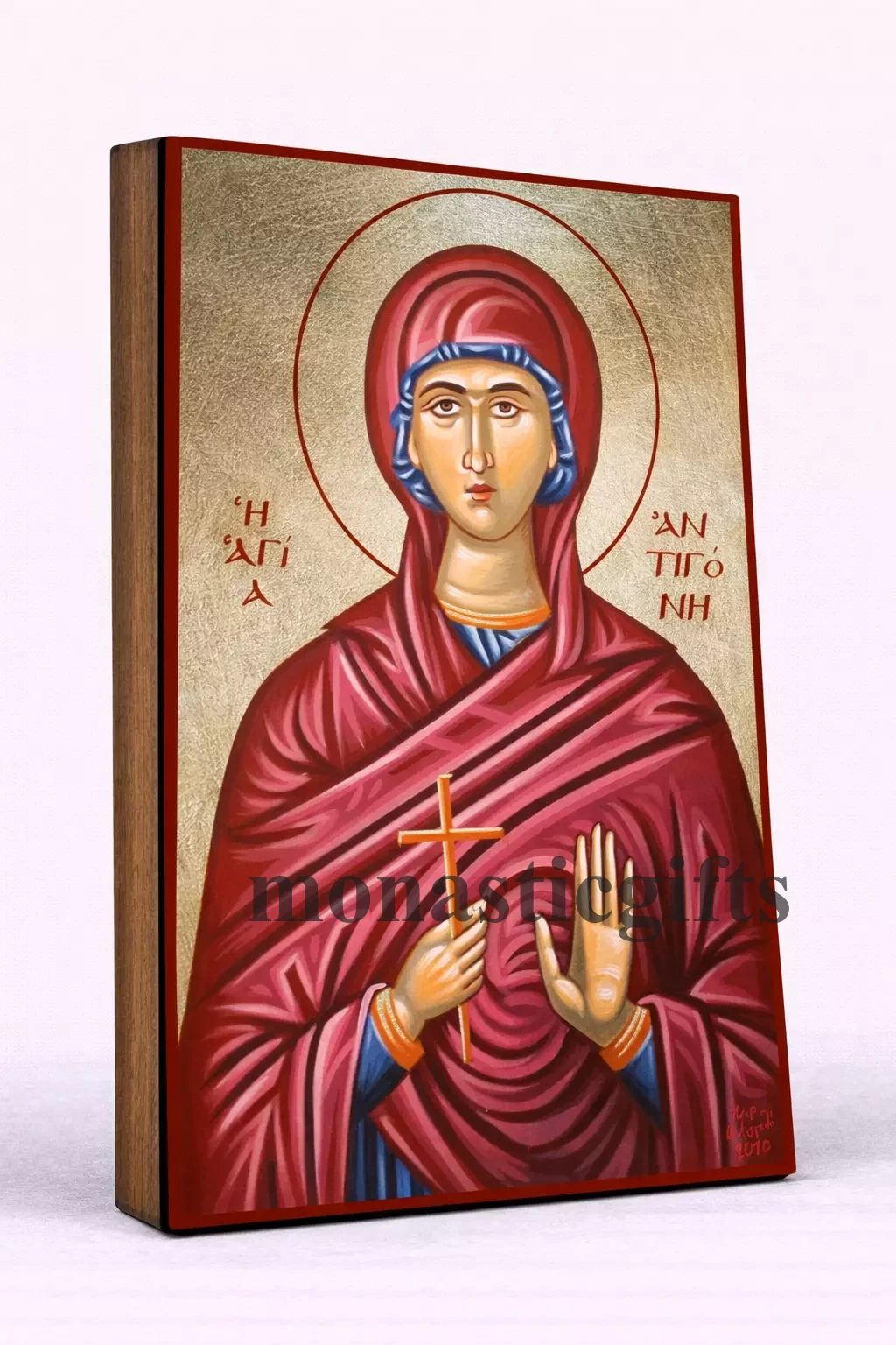Saint Antigone Byzantine Icon – Handmade Wooden Orthodox Icon on Gold Silk Canvas, Various Sizes