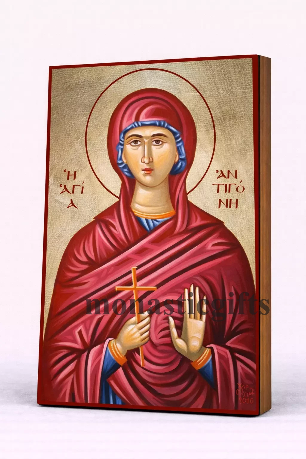 Saint Antigone Byzantine Icon – Handmade Wooden Orthodox Icon on Gold Silk Canvas, Various Sizes