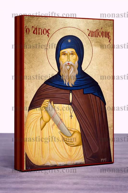 Saint Anthony the Great Byzantine Icon – Handmade Wooden Orthodox Icon on Gold Silk Canvas, Various Sizes