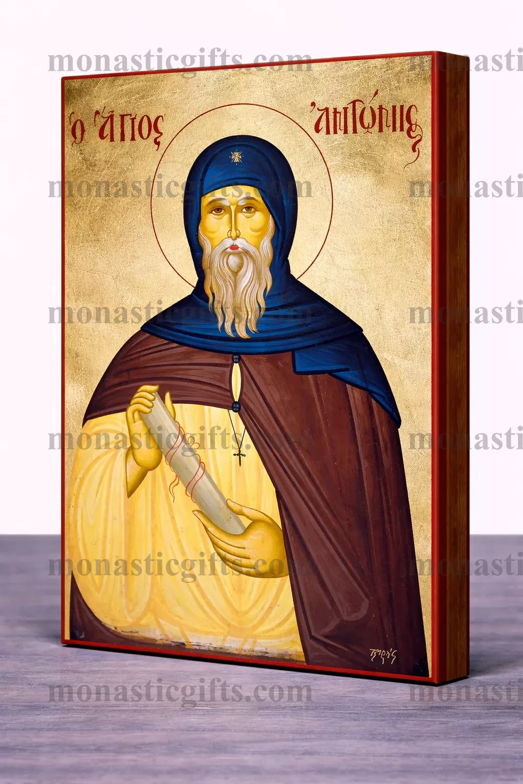 Saint Anthony the Great Byzantine Icon – Handmade Wooden Orthodox Icon on Gold Silk Canvas, Various Sizes
