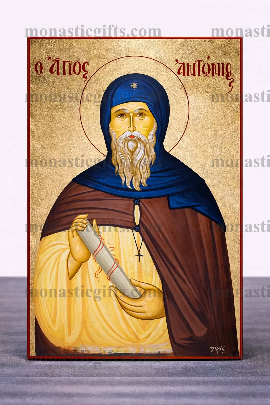 Saint Anthony the Great Byzantine Icon – Handmade Wooden Orthodox Icon on Gold Silk Canvas, Various Sizes