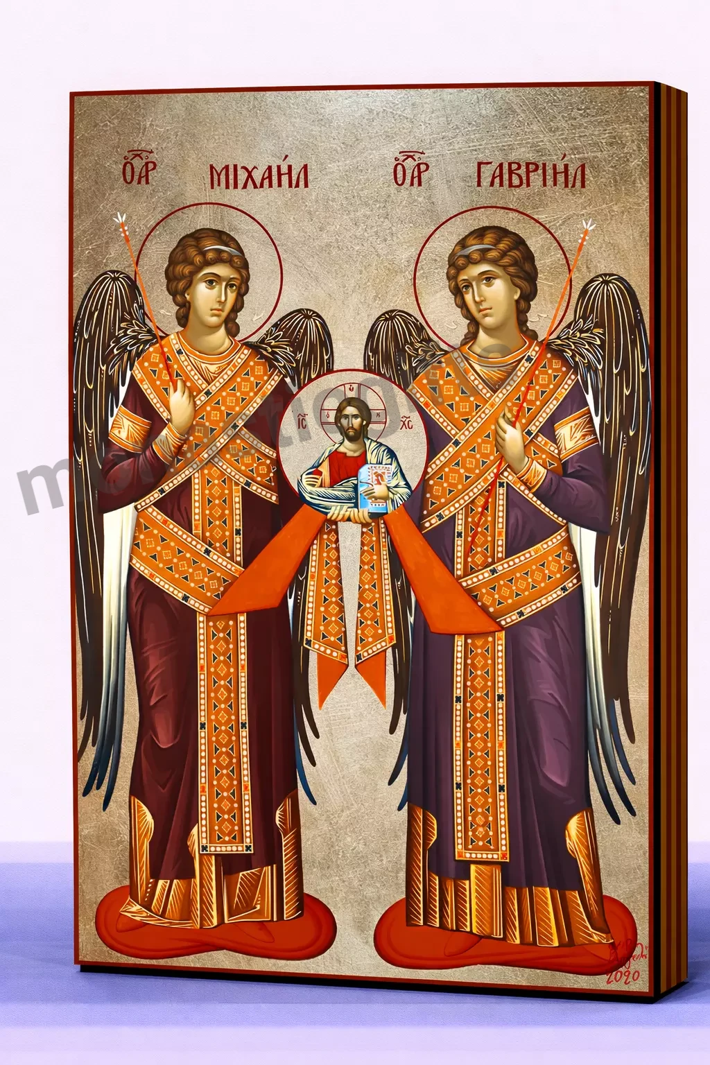 The Archangels Michael and Gabriel Byzantine Icon – Handmade Wooden Orthodox Icon on Gold Silk Canvas, Various Sizes