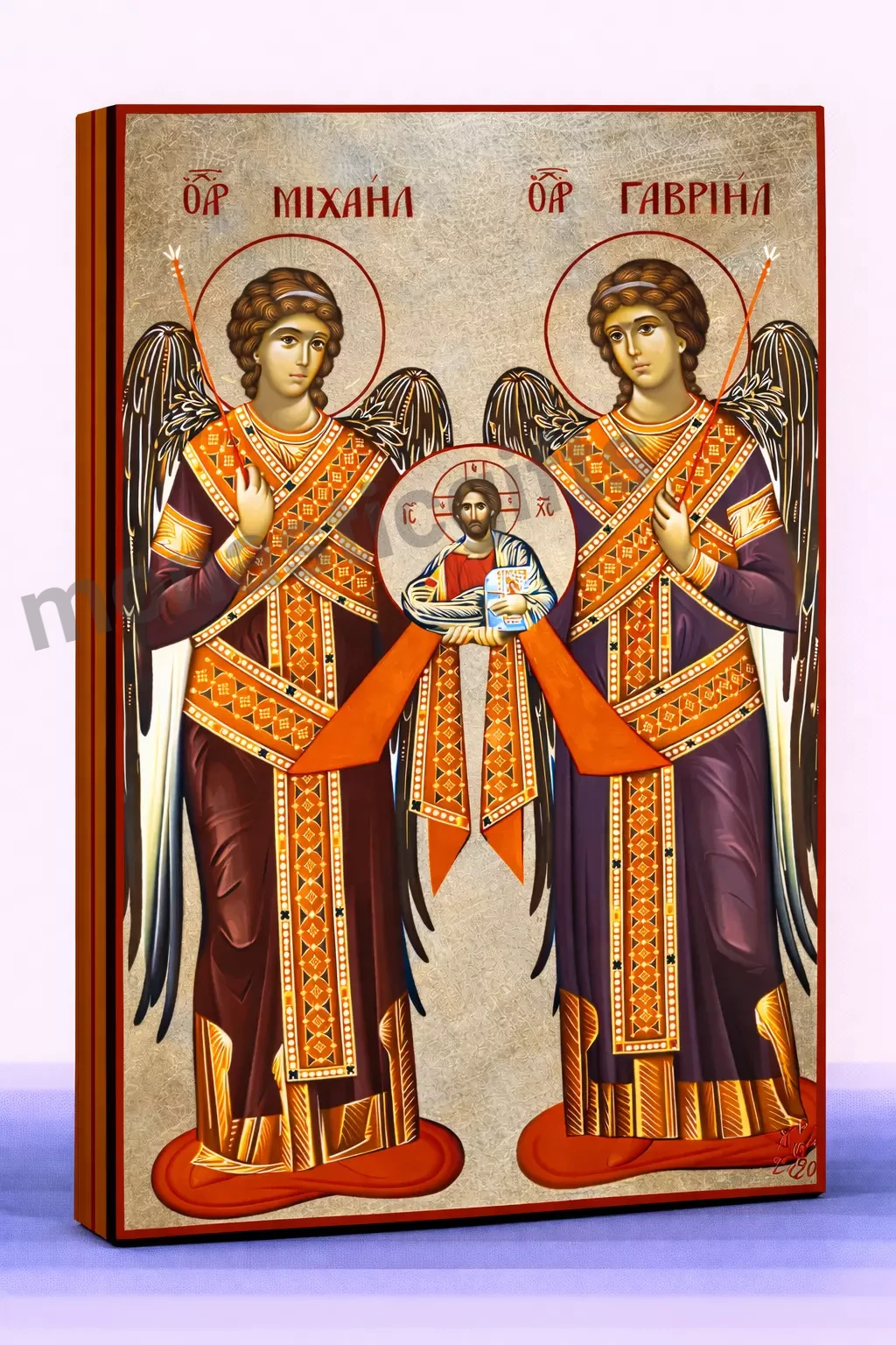 The Archangels Michael and Gabriel Byzantine Icon – Handmade Wooden Orthodox Icon on Gold Silk Canvas, Various Sizes