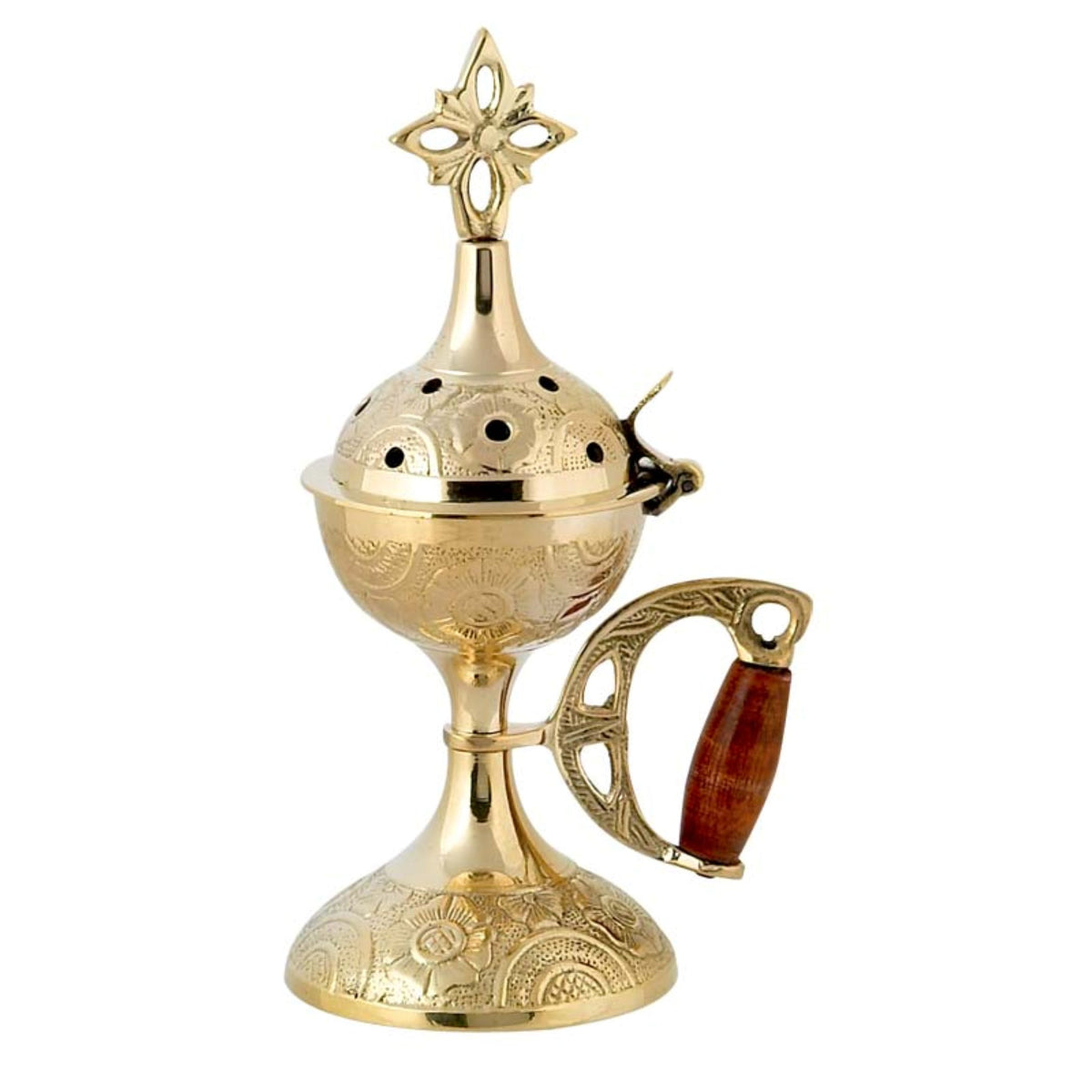 Standing solid brass incense burner censer golden brass finish with wooden handle and Orthodox cross 16cm 6.3 inch