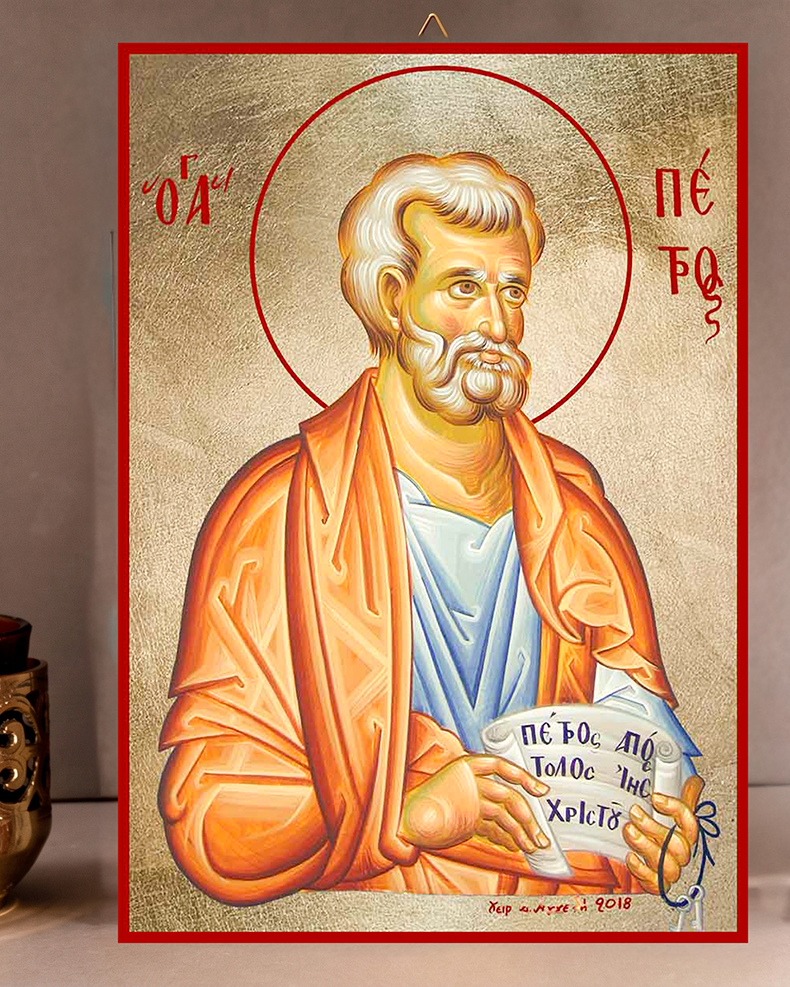Handcrafted Orthodox gold leaf canvas icon of Saint Peter the Apostle patron of fishermen and leadership on solid wooden panel