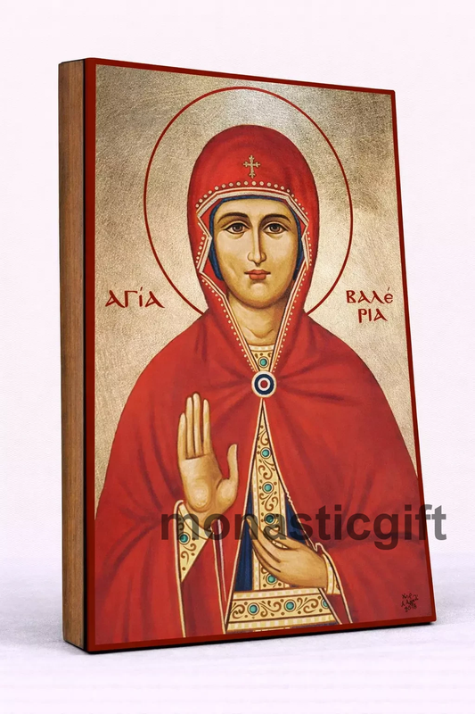 Saint Valeria Byzantine Icon – Handmade Wooden Orthodox Icon on Gold Silk Canvas, Various Sizes