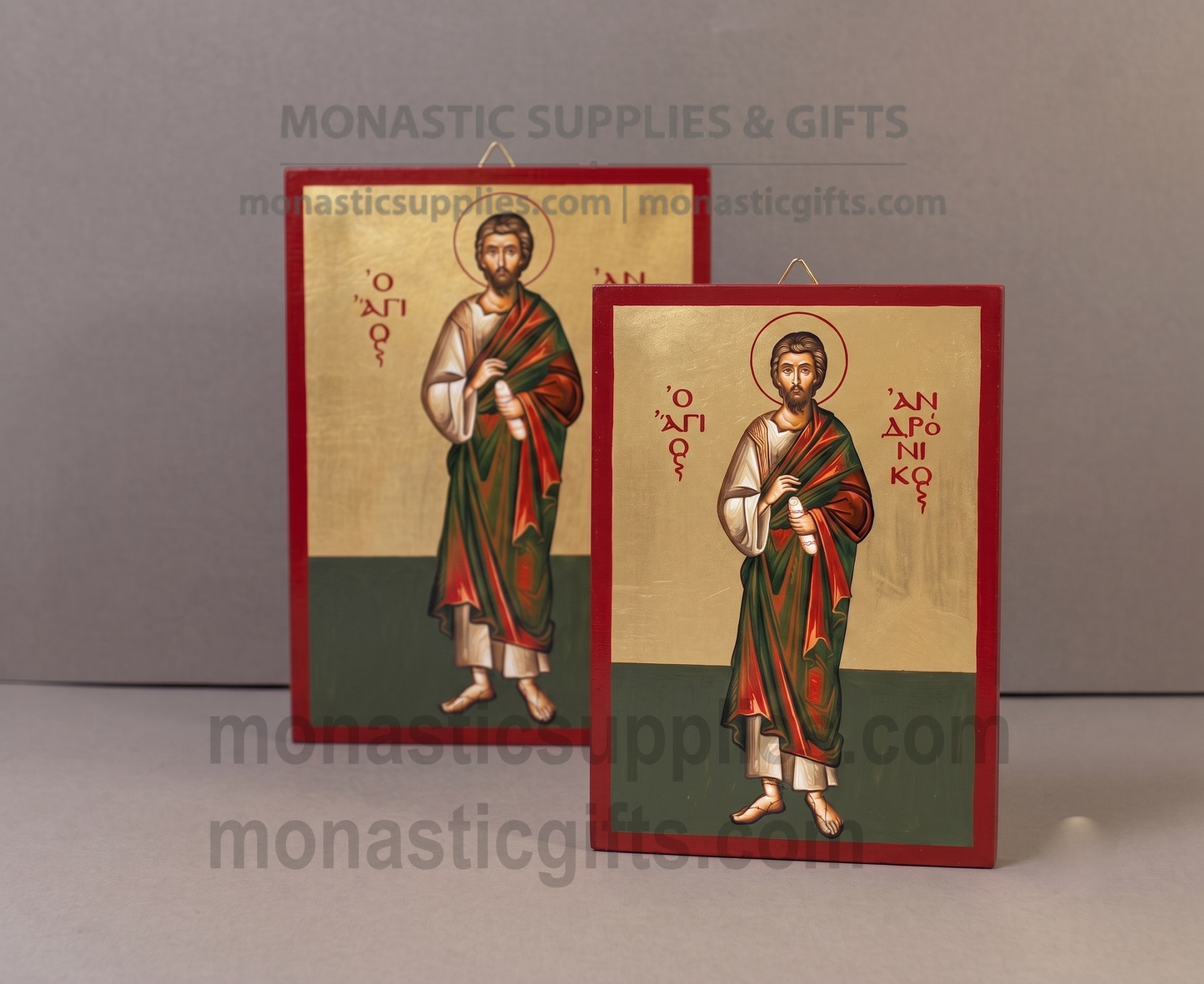 Handcrafted Orthodox gold leaf canvas icon of Saint Andronikos on solid wooden panel with tabletop stand