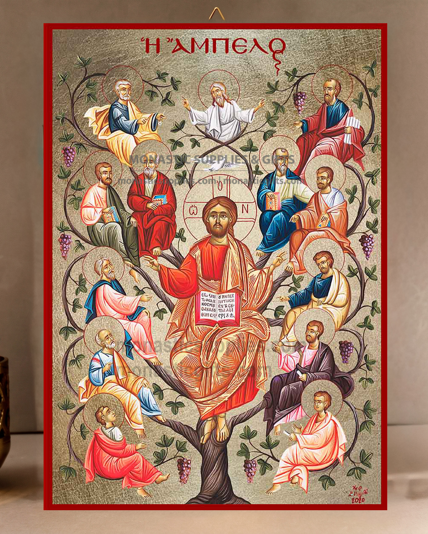 Handcrafted Orthodox gold leaf canvas icon of Christ the True Vine with Twelve Apostles on solid wooden panel
