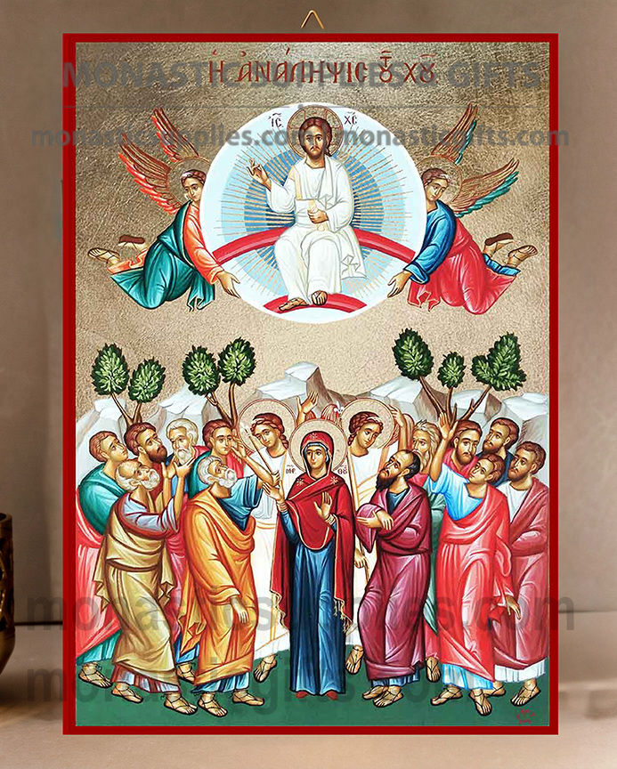 Handcrafted Orthodox gold leaf canvas icon of The Ascension of Christ with Theotokos and Apostles on solid wooden panel