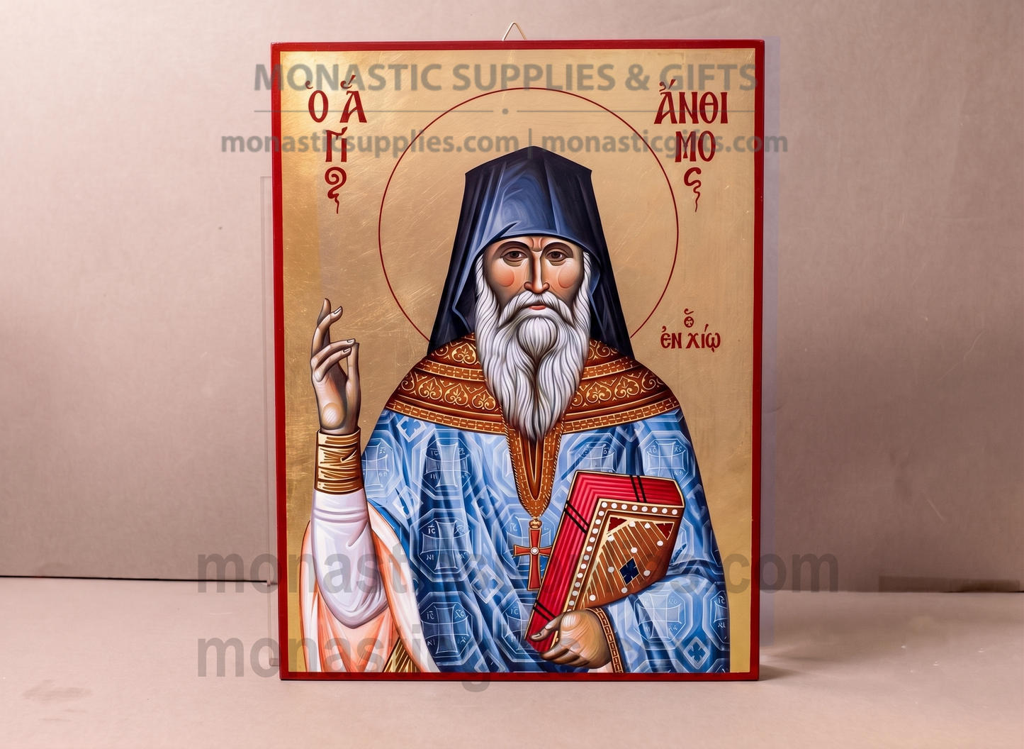 Handcrafted Orthodox gold leaf canvas icon of Saint Anthimos on solid wooden panel