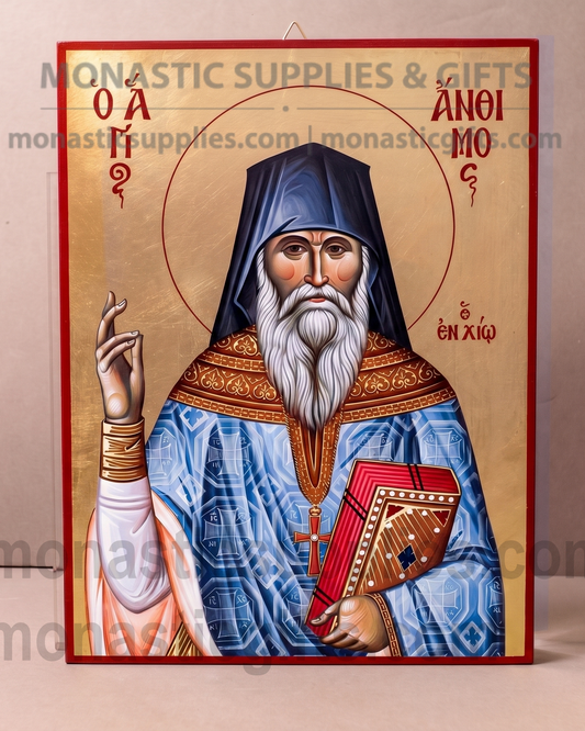 Handcrafted Orthodox gold leaf canvas icon of Saint Anthimos on solid wooden panel