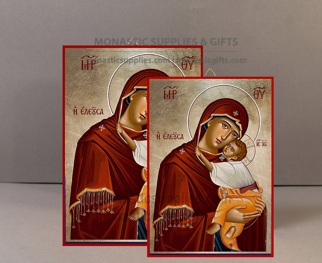 Handcrafted Orthodox gold leaf canvas icon of the Virgin Mary of Tenderness Theotokos Eleousa on solid wooden panel