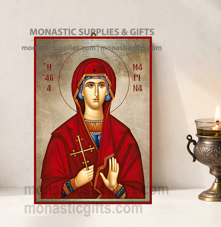 Handcrafted Orthodox gold leaf canvas icon of Saint Marina the Great Martyr with cross on solid wooden panel