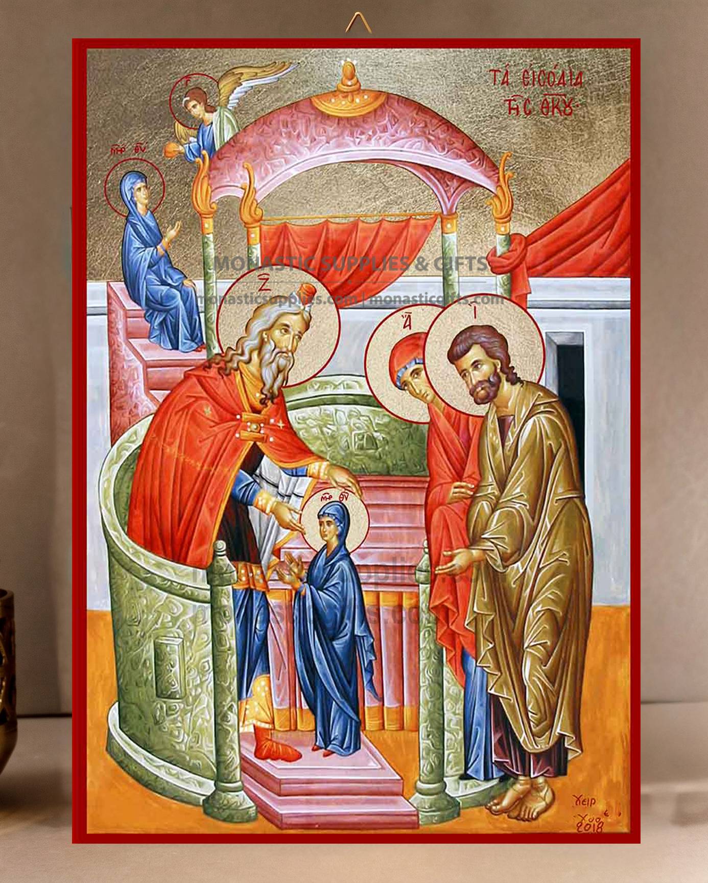 The Entry of the Theotokos into the Temple (Eisodia) Orthodox Icon - Patron of Armed Forces, Children & Consecration - Handcrafted Gold Leaf Canvas Byzantine Wooden Panel Icon with Certificate