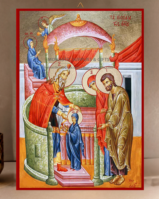 The Entry of the Theotokos into the Temple (Eisodia) Orthodox Icon - Patron of Armed Forces, Children & Consecration - Handcrafted Gold Leaf Canvas Byzantine Wooden Panel Icon with Certificate