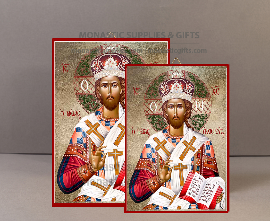 Handcrafted Orthodox gold leaf canvas icon of Christ the Great High Priest Megas Archiereus in episcopal vestments on solid wooden panel