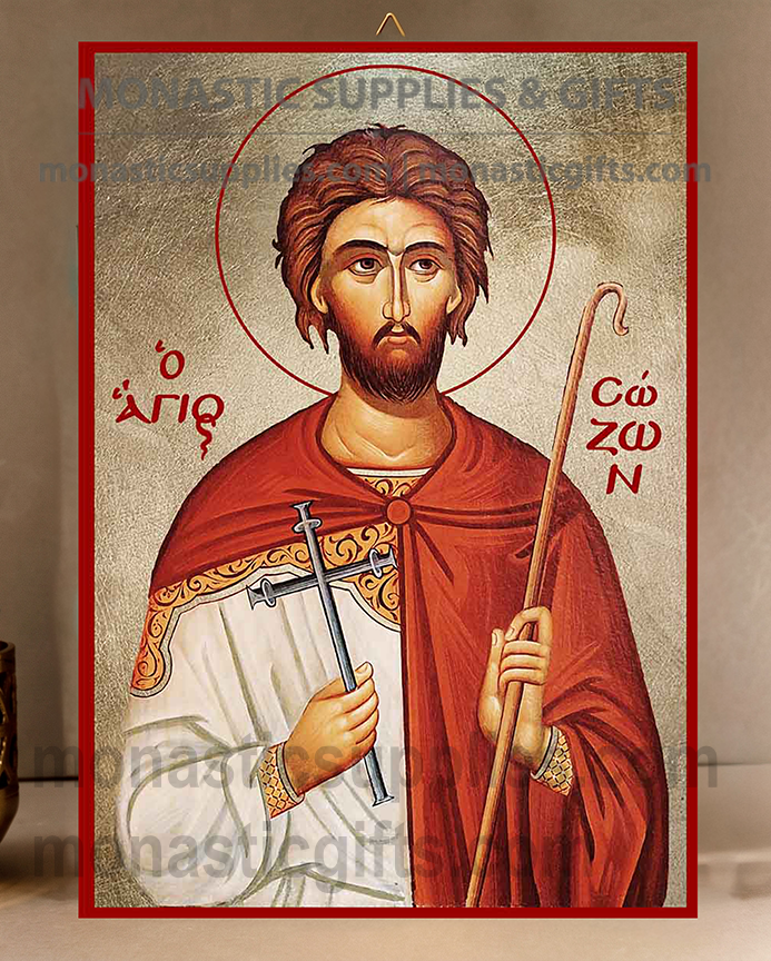 Handcrafted Orthodox gold leaf canvas icon of Saint Sozon the Martyr patron of shepherds and Lemnos on solid wooden panel