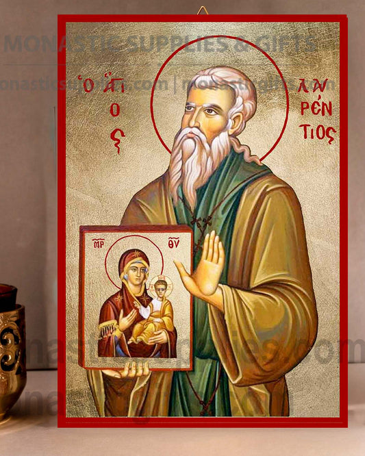 Handcrafted Orthodox gold leaf canvas icon of Saint Lawrence on solid wooden panel
