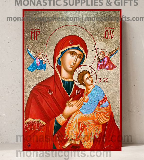 Handcrafted Orthodox gold leaf canvas icon of the Virgin Mary of Awesome Protection Theotokos Fovera Prostasia on solid wooden panel