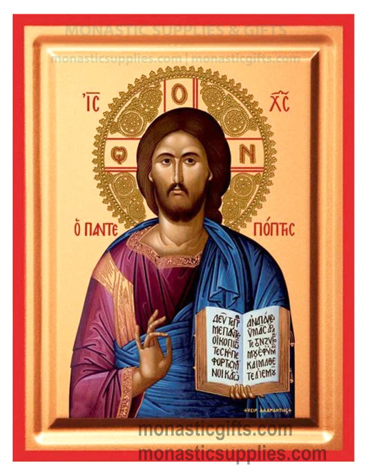 Jesus Christ Pantocrator Silk Screen Byzantine Icon - Premium Canvas on Red Wooden Panel