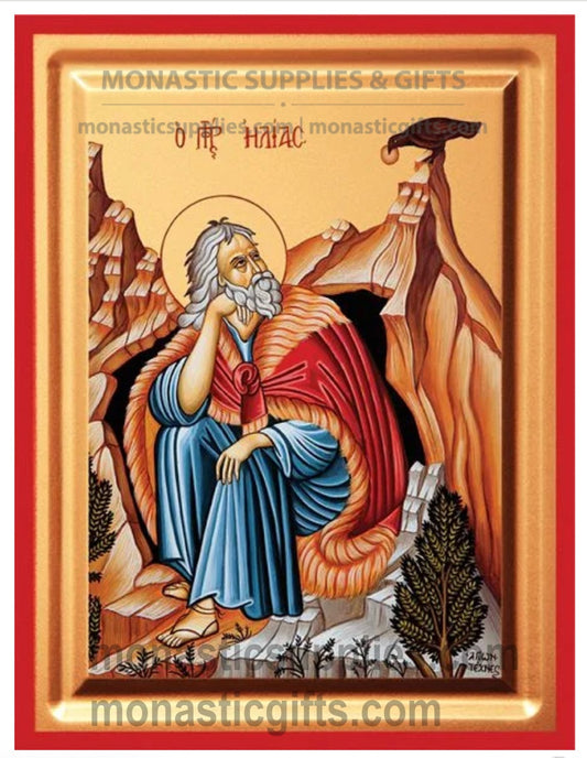 Byzantine Orthodox icon of Prophet Elijah in the desert cave on gold leaf canvas with a red border.
