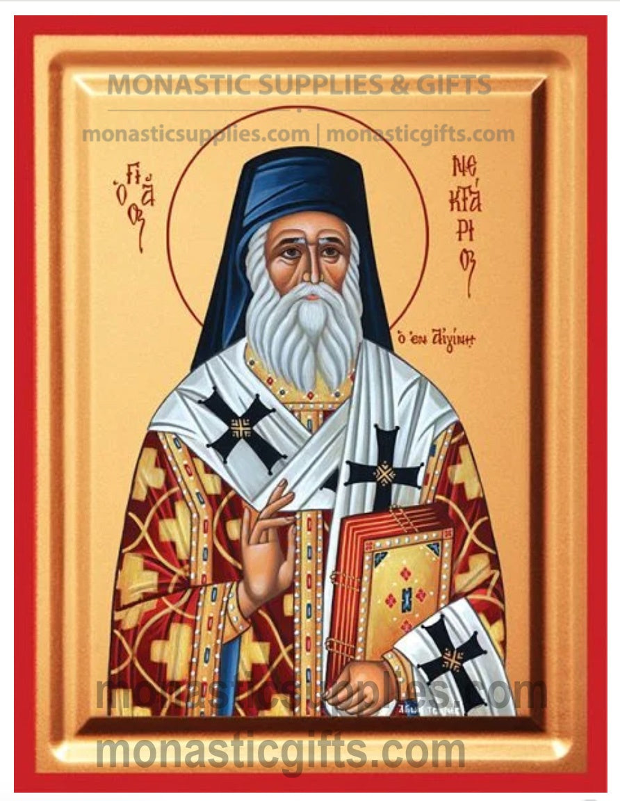 Premium gold leaf canvas icon portrait of St. Nektarios of Aegina with a vibrant red frame.