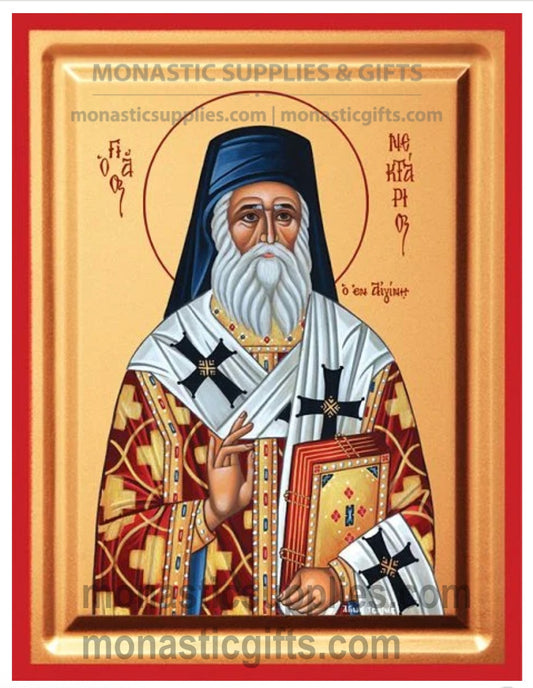 Premium gold leaf canvas icon portrait of St. Nektarios of Aegina with a vibrant red frame.