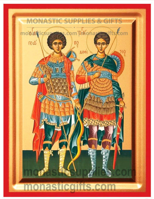 Saints George and Demetrios Byzantine Icon - Premium Red Frame Wooden Altar Decor