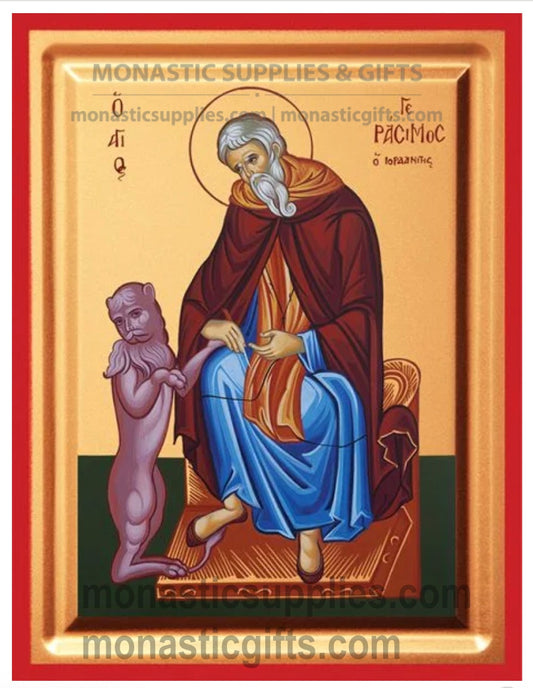Handcrafted Eastern Orthodox icon of St. Gerasimos of the Jordan healing his lion featuring a tabletop stand.