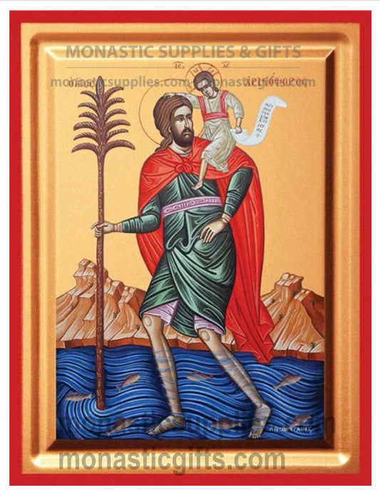 Byzantine Orthodox icon of St. Christopher carrying the Christ Child across a river on gold leaf canvas with a red border.