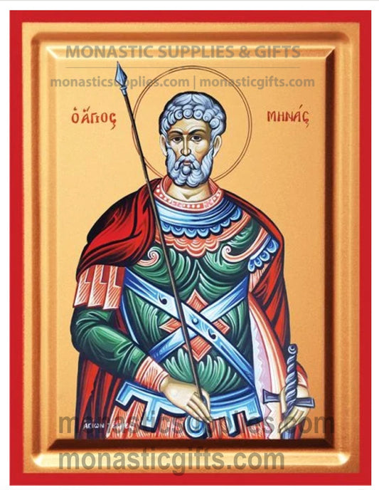St. Menas (Minas) the Great Martyr Eastern Orthodox Wooden Icon with Tabletop Base