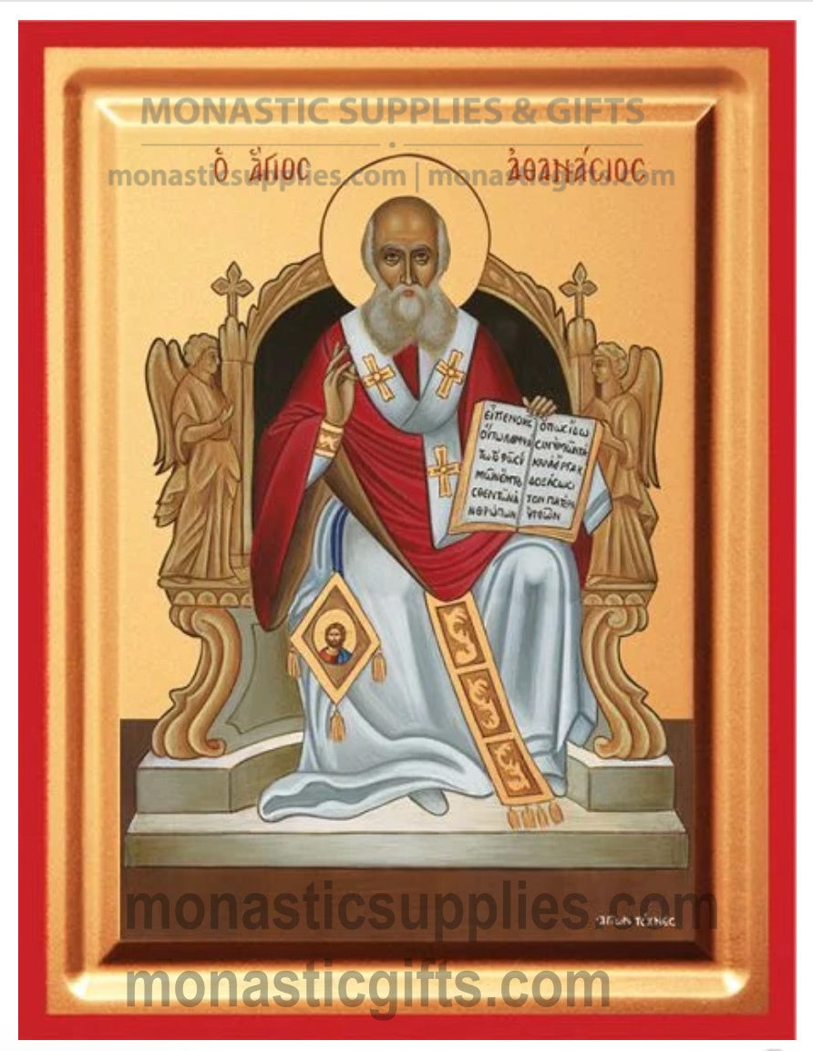 Premium gold leaf canvas icon of St. Athanasius the Great seated on a throne with a vibrant red frame.