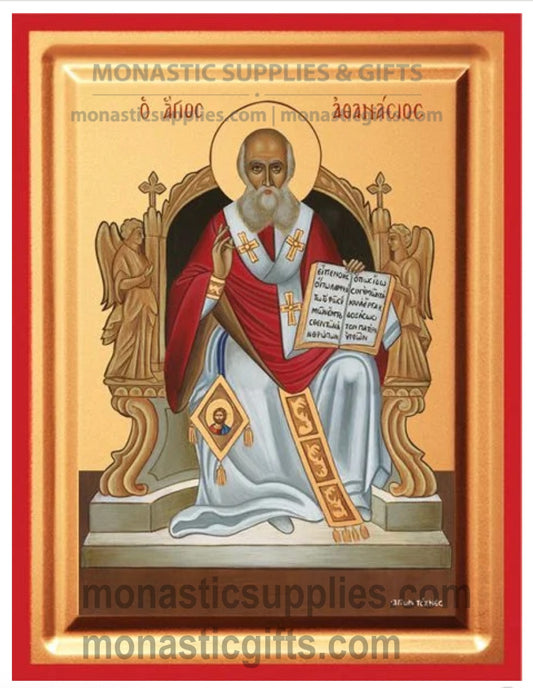 Premium gold leaf canvas icon of St. Athanasius the Great seated on a throne with a vibrant red frame.