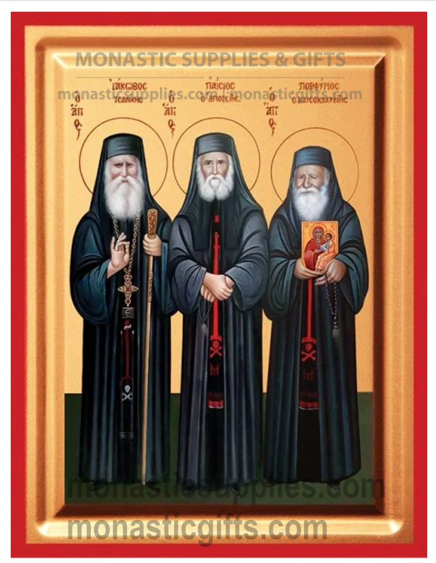 Handcrafted Eastern Orthodox icon of Saints Paisios, Porphyrios, and Iakovos featuring a tabletop stand.
