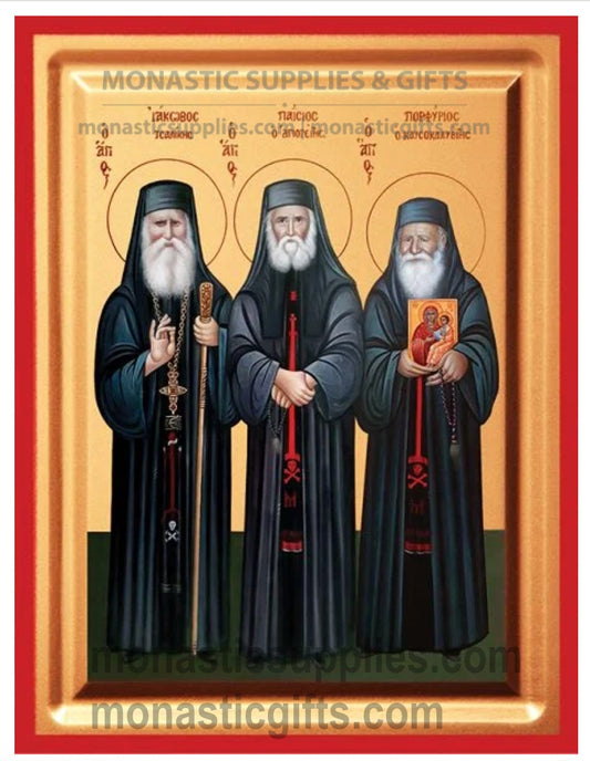 Handcrafted Eastern Orthodox icon of Saints Paisios, Porphyrios, and Iakovos featuring a tabletop stand.