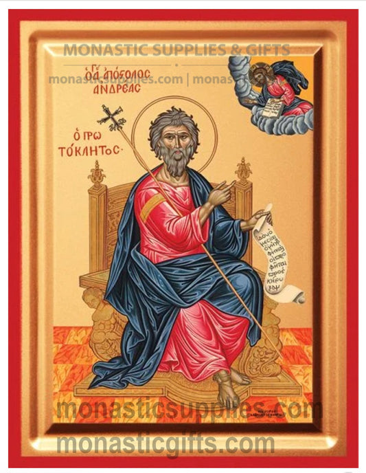 Byzantine Orthodox icon of St. Andrew the Apostle seated on a throne on gold leaf canvas with a red border.