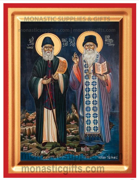 Premium gold leaf canvas icon of Saints Paisios and Porphyrios standing together with a vibrant red frame.