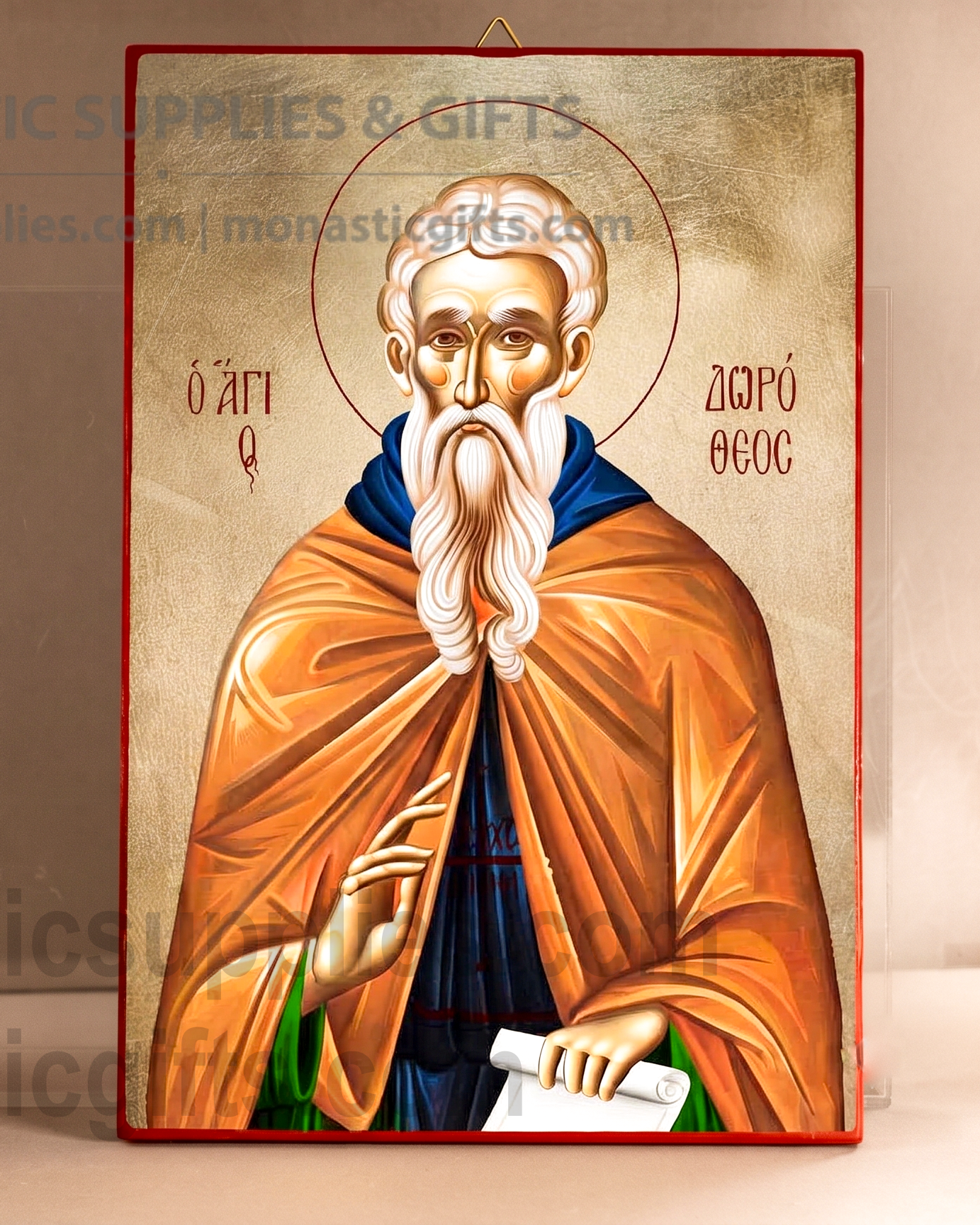 Handcrafted Orthodox gold leaf canvas icon of Saint Dorotheos on solid wooden panel