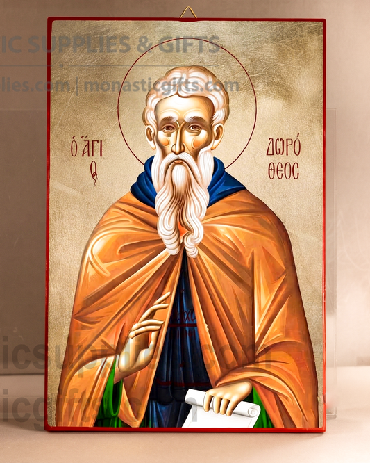 Handcrafted Orthodox gold leaf canvas icon of Saint Dorotheos on solid wooden panel
