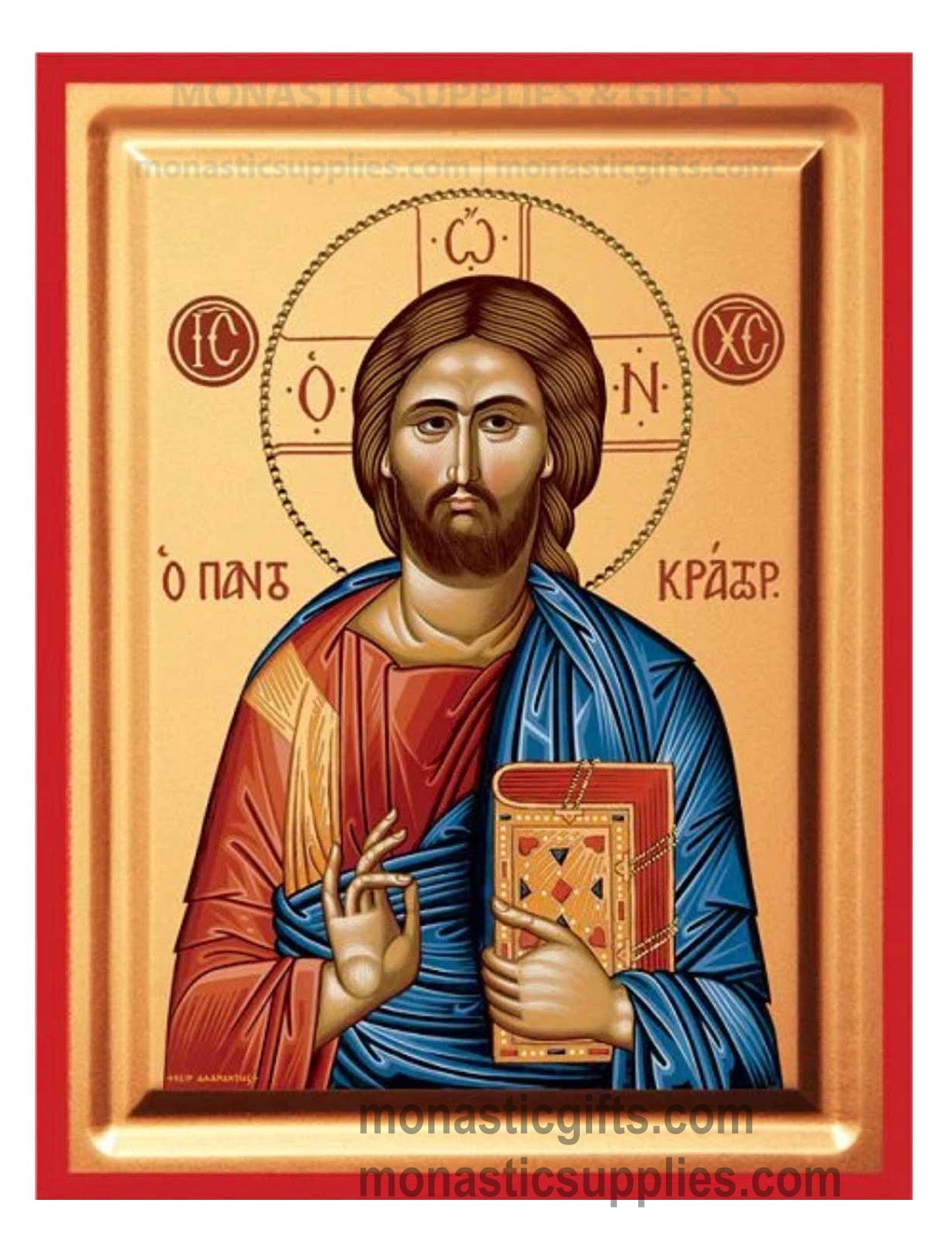 Front view of the Jesus Christ Pantocrator silk screen Byzantine icon on gessoed canvas with a solid gold background and red border
