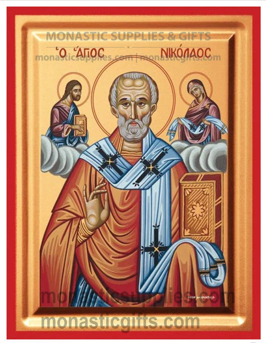 Handcrafted Eastern Orthodox icon of St. Nicholas the Wonderworker featuring a tabletop stand.