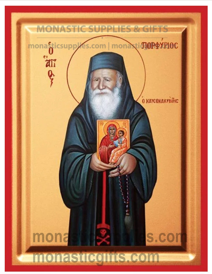 Byzantine Orthodox icon of St. Porphyrios the Kapsokalyvite holding an icon of the Virgin Mary on gold leaf canvas with a red border.