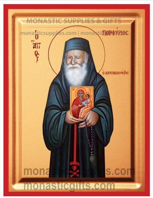 Byzantine Orthodox icon of St. Porphyrios the Kapsokalyvite holding an icon of the Virgin Mary on gold leaf canvas with a red border.