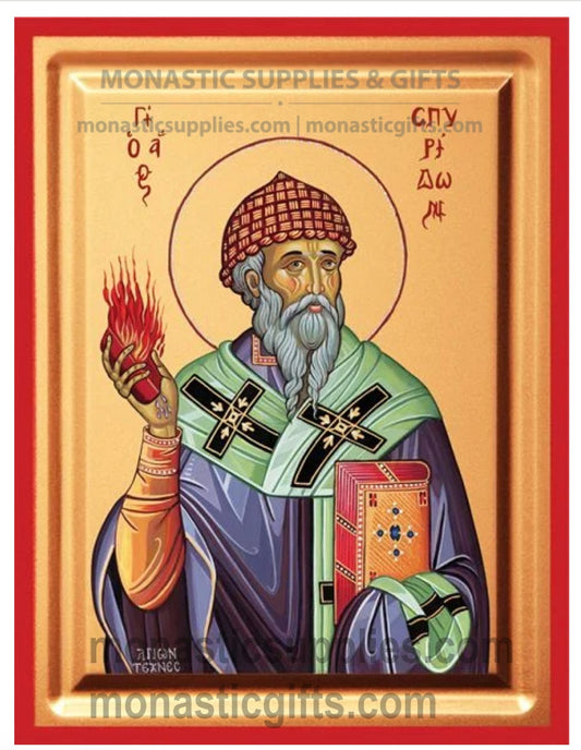Byzantine Orthodox icon of St. Spyridon performing the Holy Trinity brick miracle on gold leaf canvas with a red border.