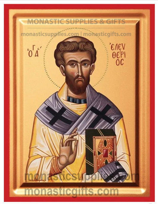 Handcrafted Eastern Orthodox icon of St. Eleftherios the Hieromartyr featuring a tabletop stand.