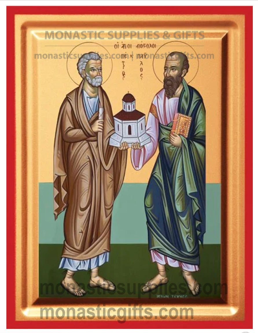 Premium gold leaf canvas icon of Saints Peter and Paul holding a church with a vibrant red frame.