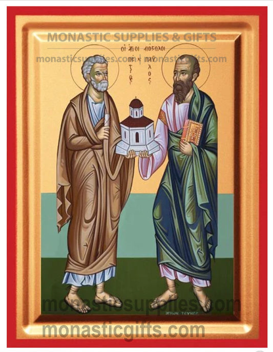 Premium gold leaf canvas icon of Saints Peter and Paul holding a church with a vibrant red frame.