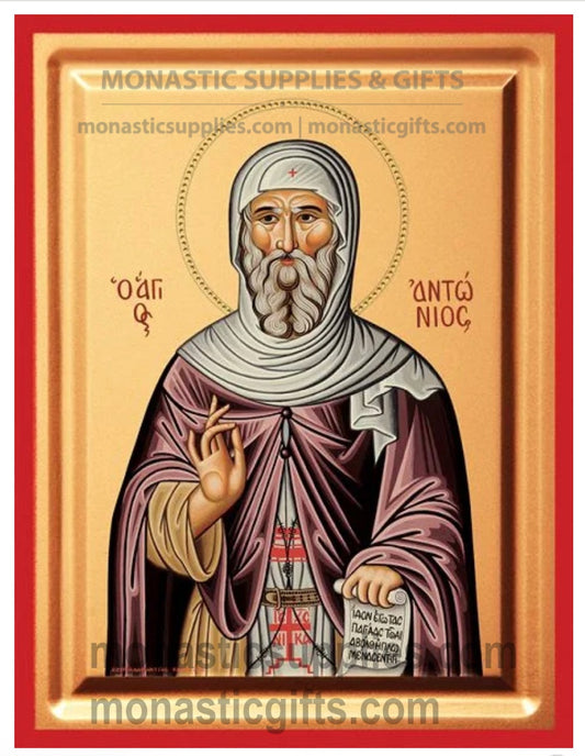 Handcrafted Eastern Orthodox icon of St. Anthony the Great featuring a tabletop stand.