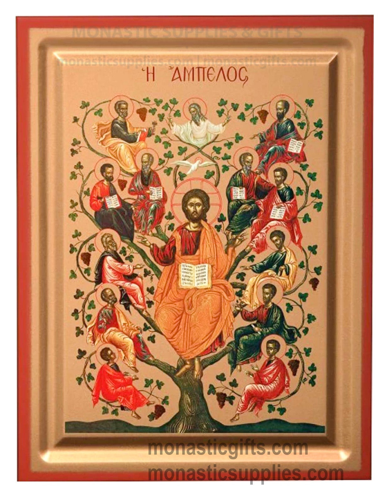 Front view of Christ the True Vine silk screen Byzantine icon on gessoed canvas with a detailed gold background and red borders