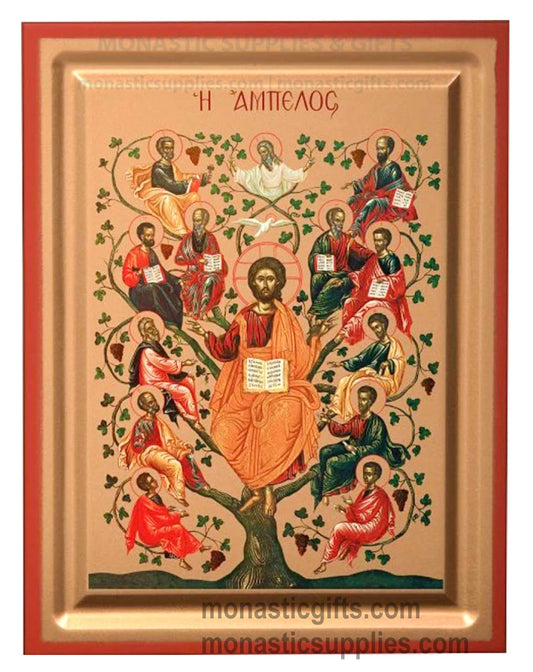 Front view of Christ the True Vine silk screen Byzantine icon on gessoed canvas with a detailed gold background and red borders